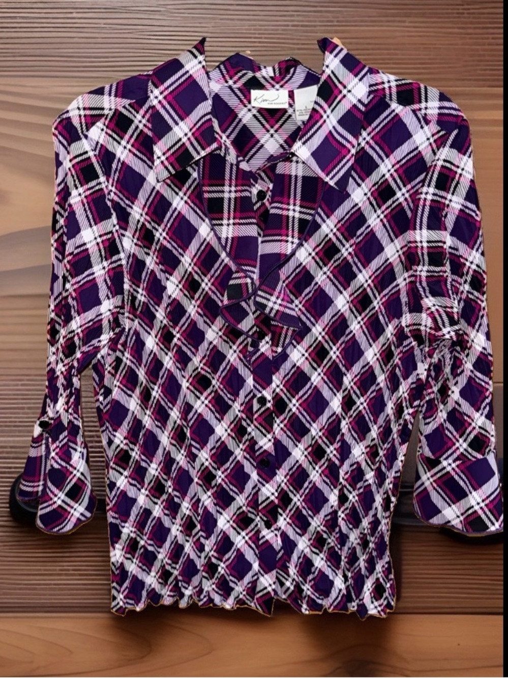 Kim Rogers Purple and Pink Plaid Button-Down Shirt-pleated & ruffles-L-EC